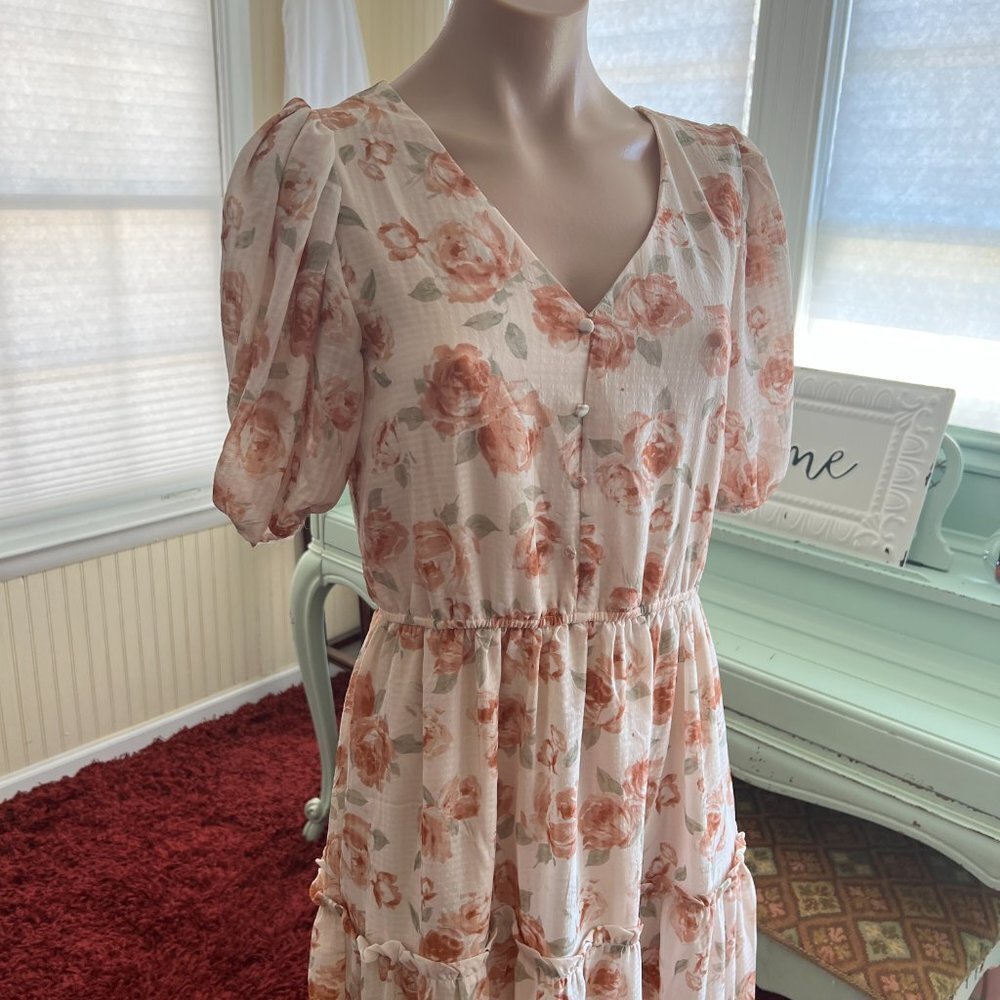 Bohemian Dusty Orange Floral Midi Dress Sz S by Blu Pepper - Picture 11 of 15